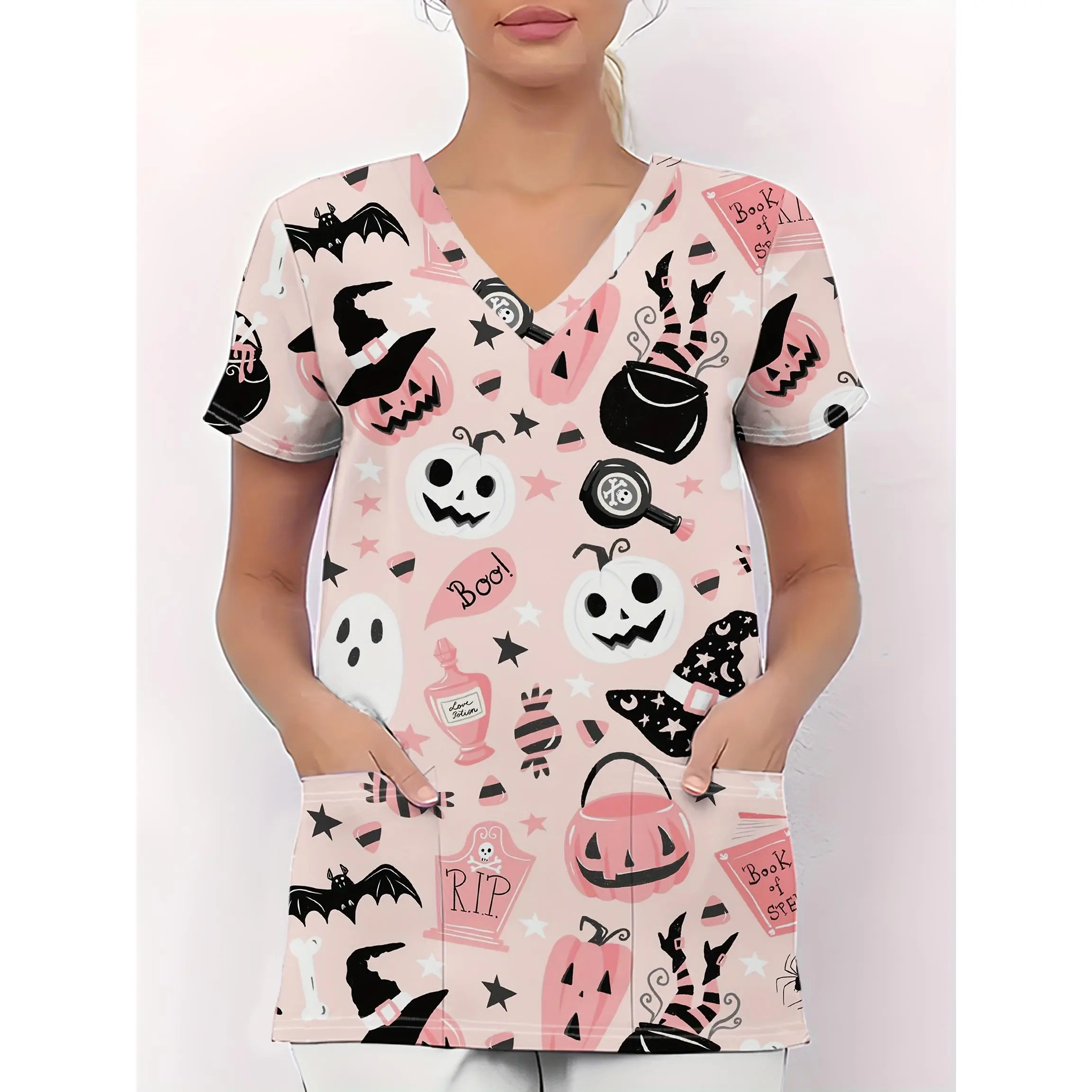 Women'S Nursing Scrubs - Cute Halloween Work Uniforms with Pumpkin, Bat, Witch Hat Designs - Soft Breathable V-Neck Tops for Nurses, Costume Parties - All-Season Healthcare Professional Attire - Easy-Care Everyday Workplace Outfit, Casual Workwear