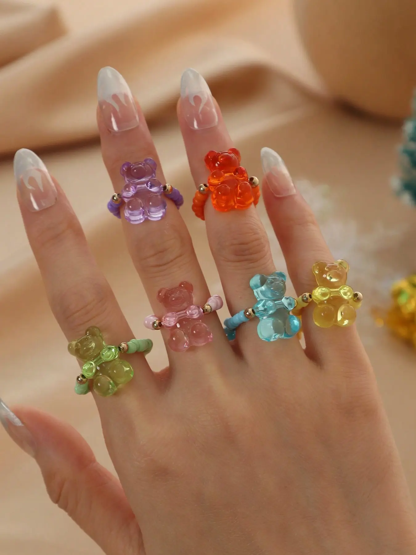 6-Piece Y2K Transparent Bear Ring Set for Women, Candy Color Cartoon Cute Girl Style, Versatile Jewelry Accessories