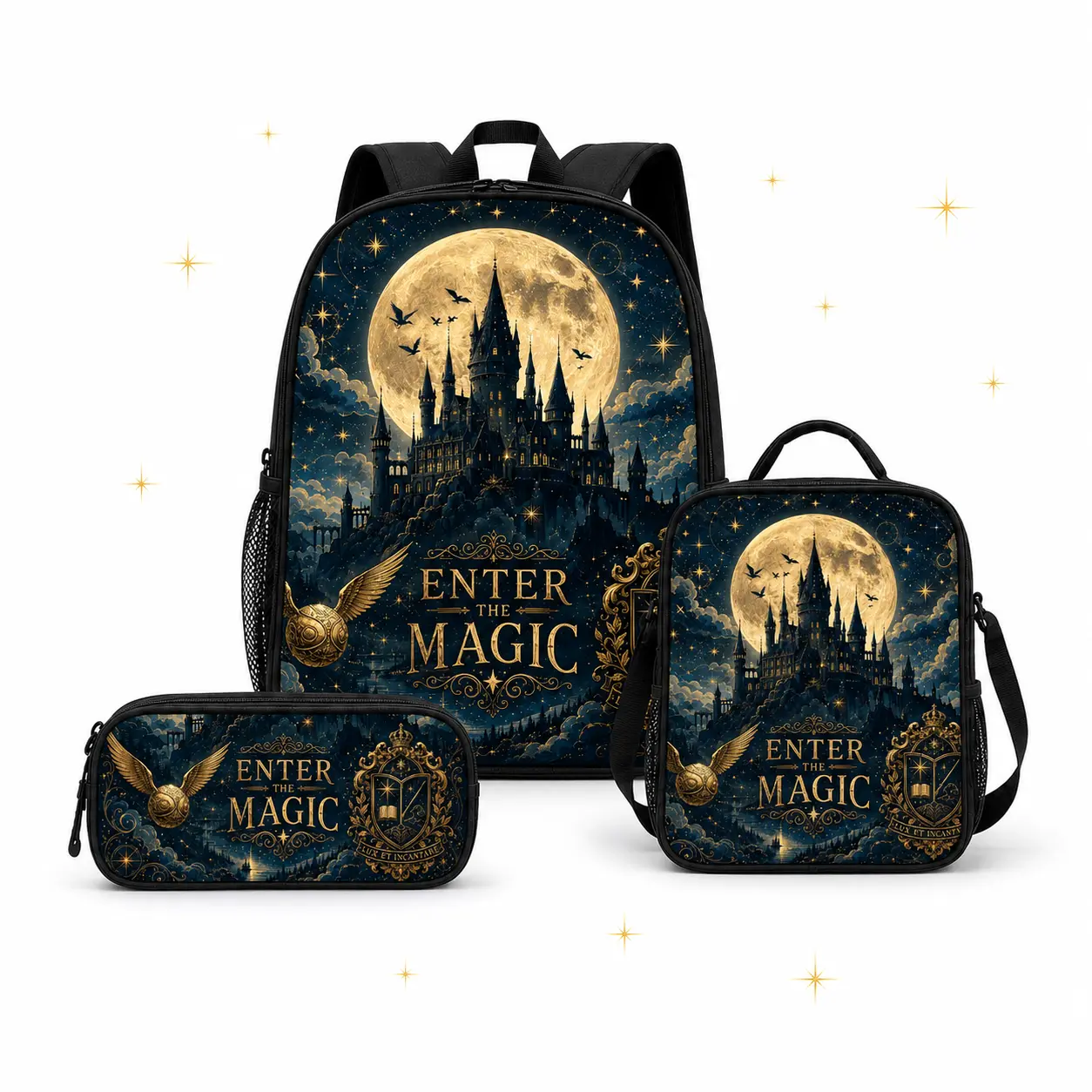 Harry Potter 3-Piece Magic Backpack Set, Hogwarts Castle School Bookbag with Lunch Bag and Pencil Case for Kids Teens Back to School,lightweight,Pastel,Embroidered,Canvas,Tote,Bags,Adjustable,Crossbody,Shopping Bag,Men's,Detac,Chri,Drawstring,Gym,Sackpack