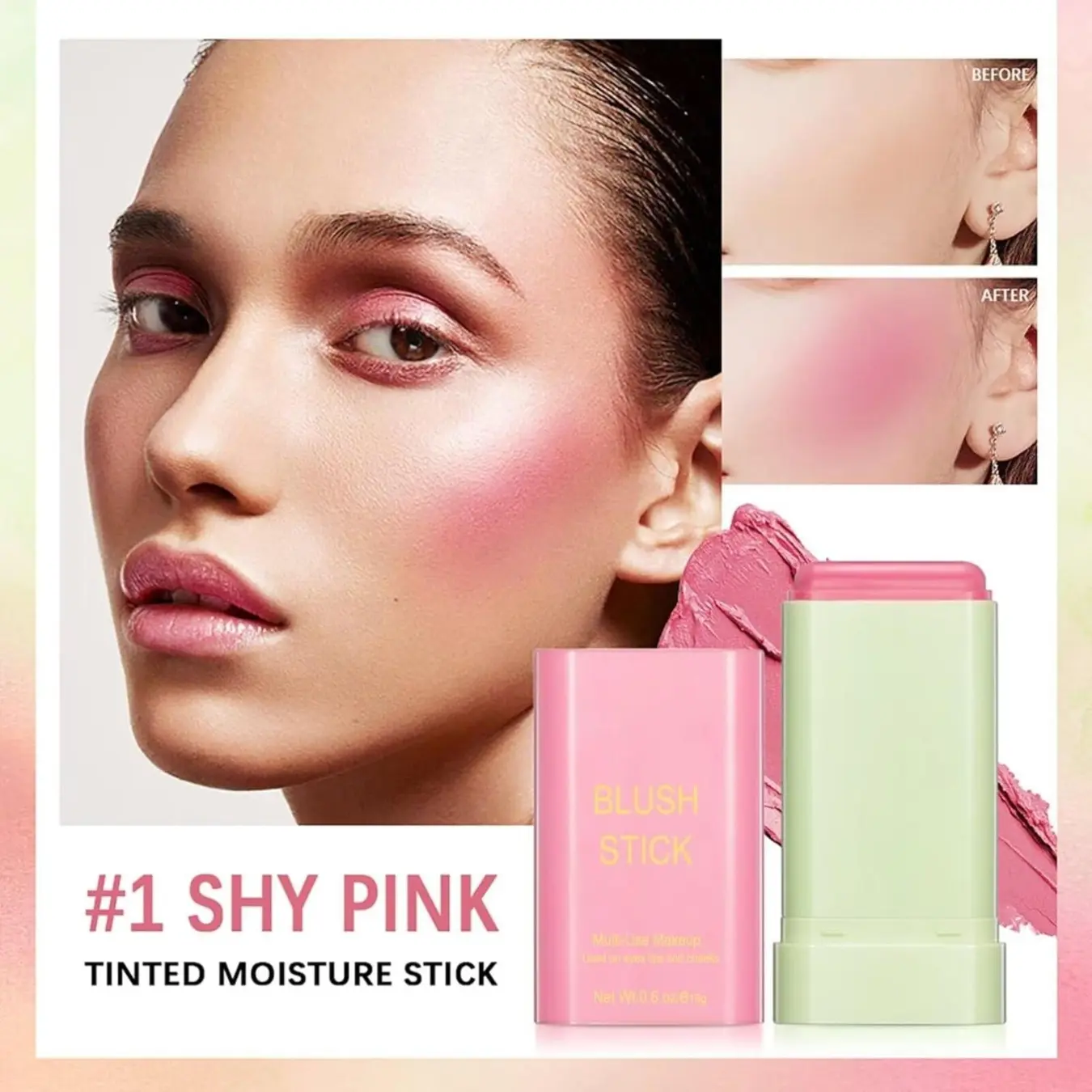 Beauty Solid Moisturizer,Multi-Use Makeup Blush Stick,Waterproof Natural Nude Makeup,Tinted Solid Moisturizer Stick for Eyes Lips Cheek(1#pink)