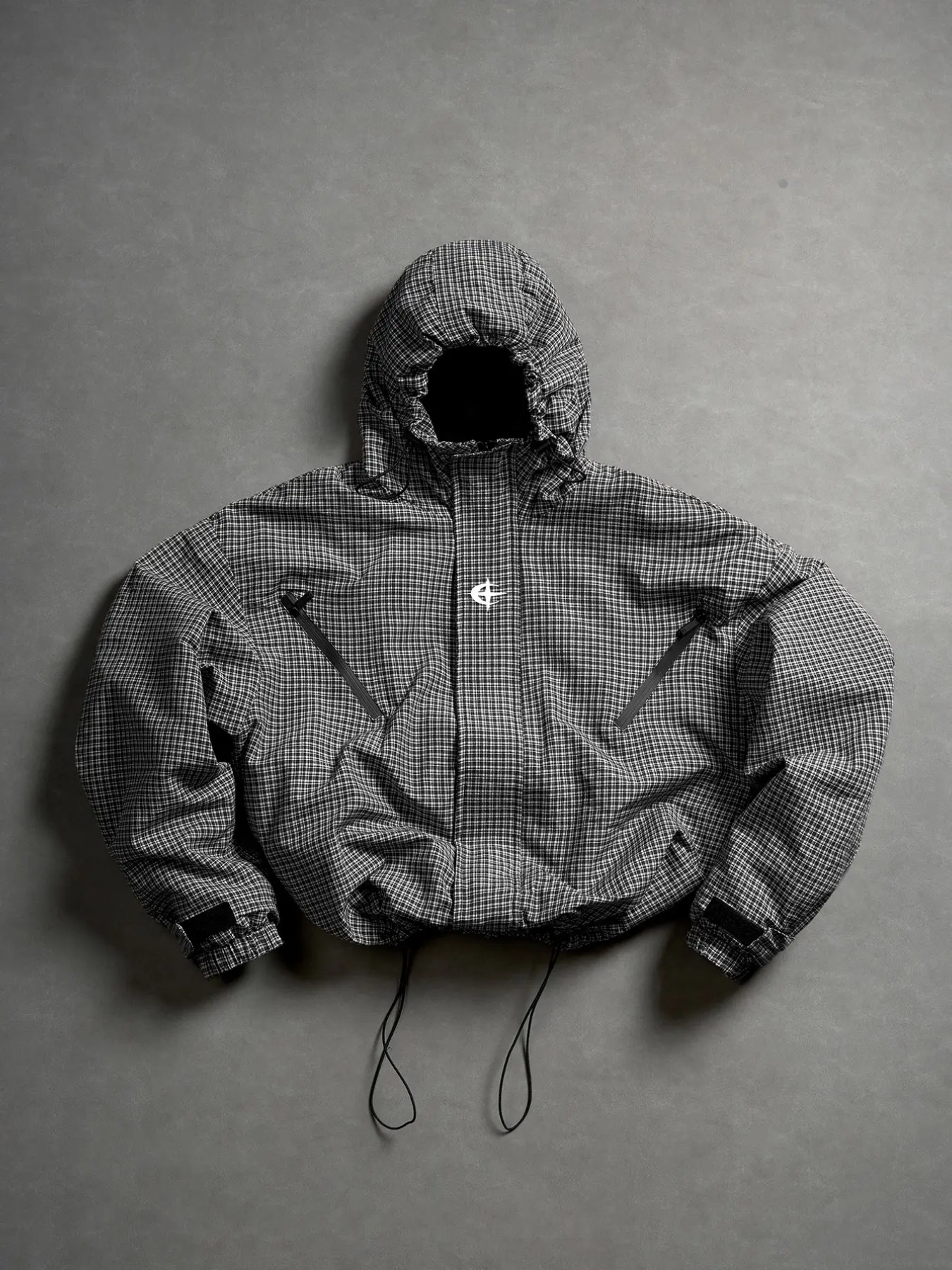 Academic Style Plaid Windproof Hooded Casual Jacket, Drawstring Bottom, Multiple Zip Pockets, Streetwear Couples Outerwear