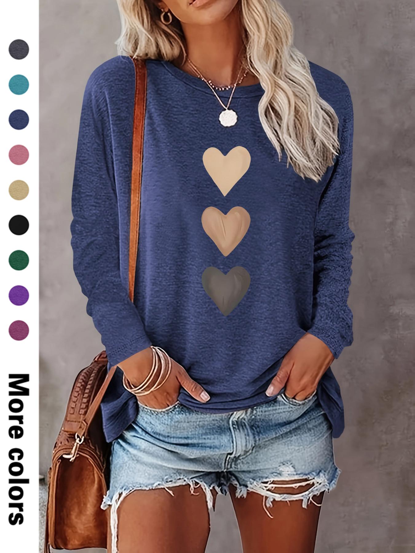 Women's Heart Print Round Neck T-shirt, Casual Long Sleeve Crew Neck T-shirt for Spring & Fall, Fashion Women's Top for Daily Wear
