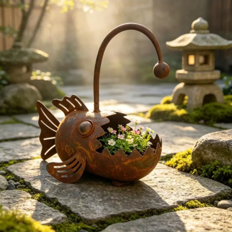 Vintage Iron Art Lantern-Shaped Large-Mouth Flower Pot, Outdoor Planters, Outdoor Plant Pots, With Aged Finish, Decorative Ornament For Outdoor Courtyards, Plant Succulents, Flowers, Gardening And Landscaping Container