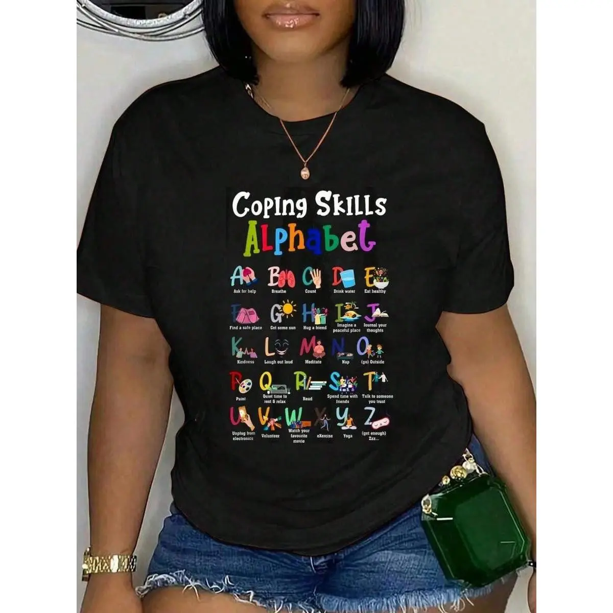 100% Cotton Mental Health Awareness Coping Skills Alphabet Counselor T-Shirt Women's Men's Oversized Comfort Soft Crew Neck Tee Tops