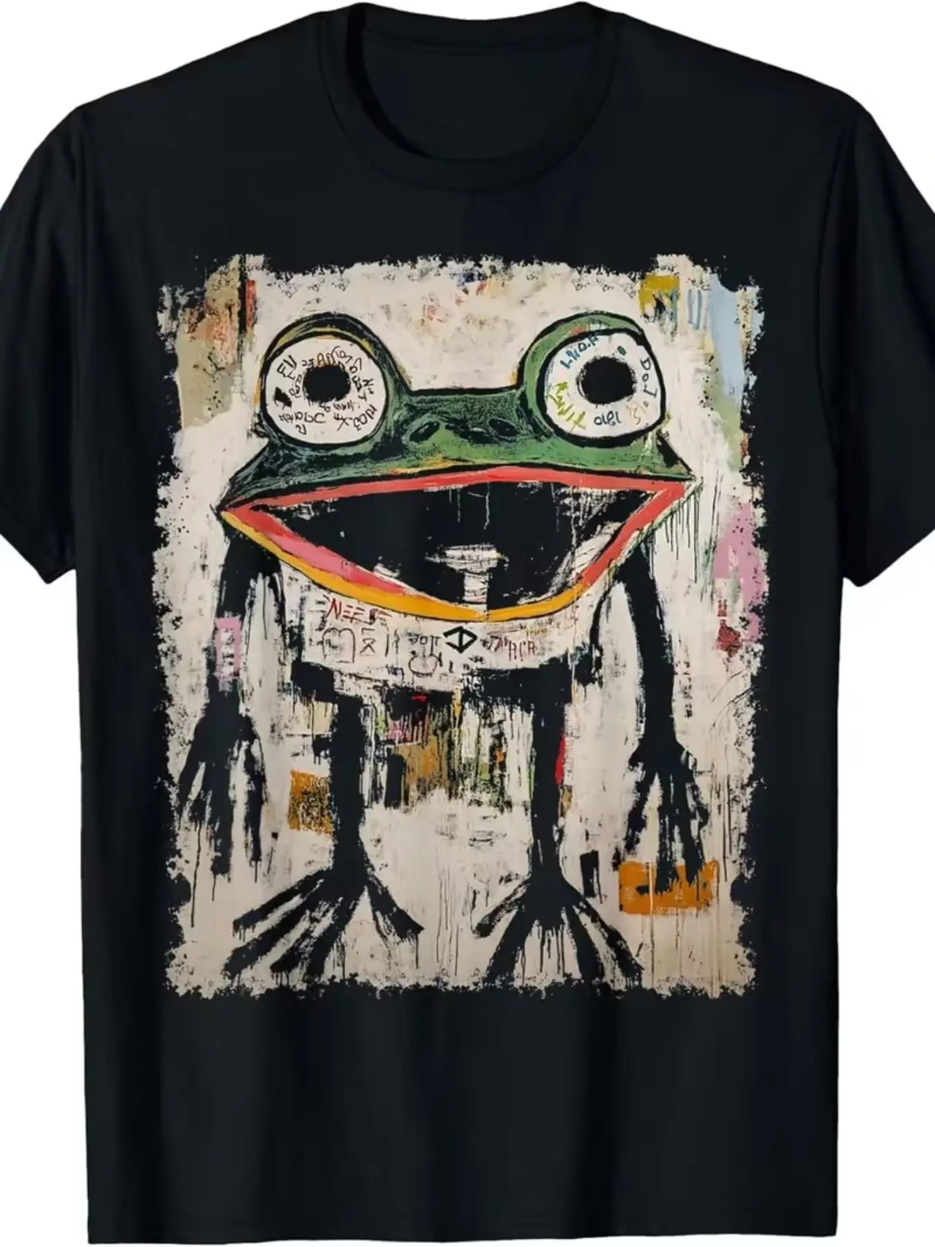 Graffiti Art Frog Print Short Sleeve T-Shirt, Basquiat Style Abstract Oil Painting Crew Neck, Vintage Distressed Texture, Unisex Streetwear