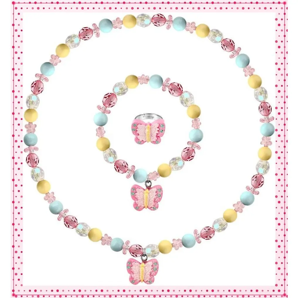 Butterfly Stretch Necklace Little Girl Toddler Necklace Bracelet Set, Little Princess Jewelry Kids Play Necklaces Butterfly Rings for KidsGift