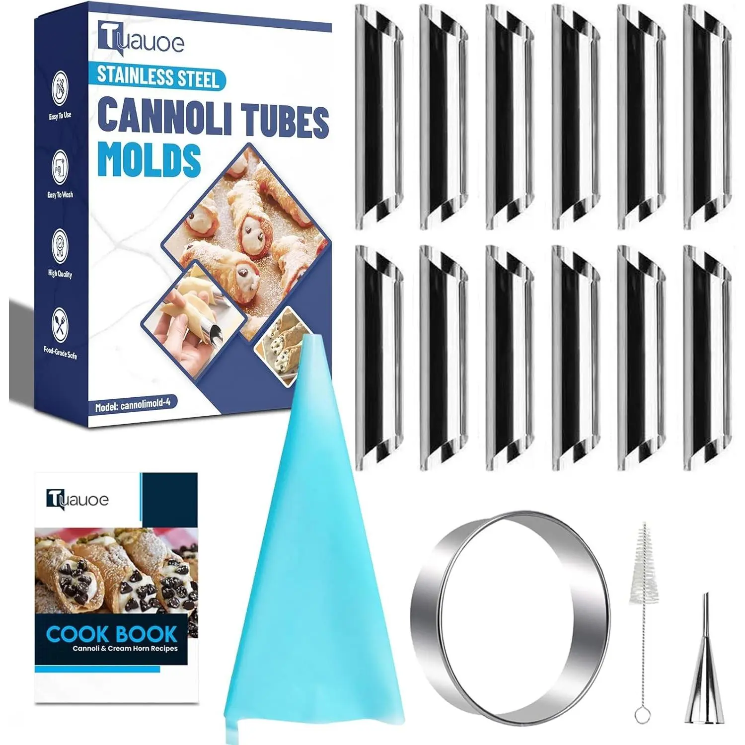 17pcs Non-stick Stainless Steel Cannoli Tubes Molds Kit, 12pcs Diagonal Tubular Shaped Cannoli Forms for Danish Pastry Lady Lock Cream Roll