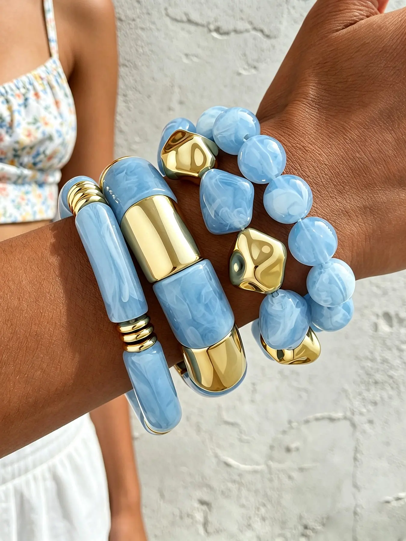 4-Piece Retro Bohemian Bracelet Set, Blue Beaded Resin Abs Bangle, Women's Daily Wear, Perfect Gift for Friends and Family