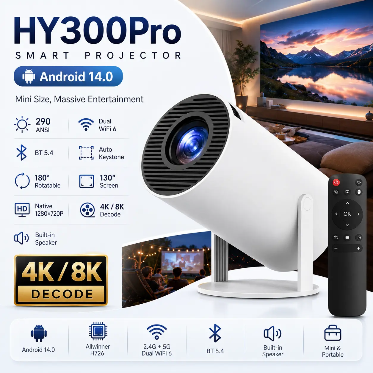 Magcubic HY300Pro Projector 290ANSI Android 14.0 Dual WiFi6 8K 4K Decode Auto Keystone Correction Wireless BT5.4 130"Screen 1280*720P Built-in Speaker Allwinner H726 180° Rotatable Mini Portable Home Cinema Outdoor Audio Summervibes Gift