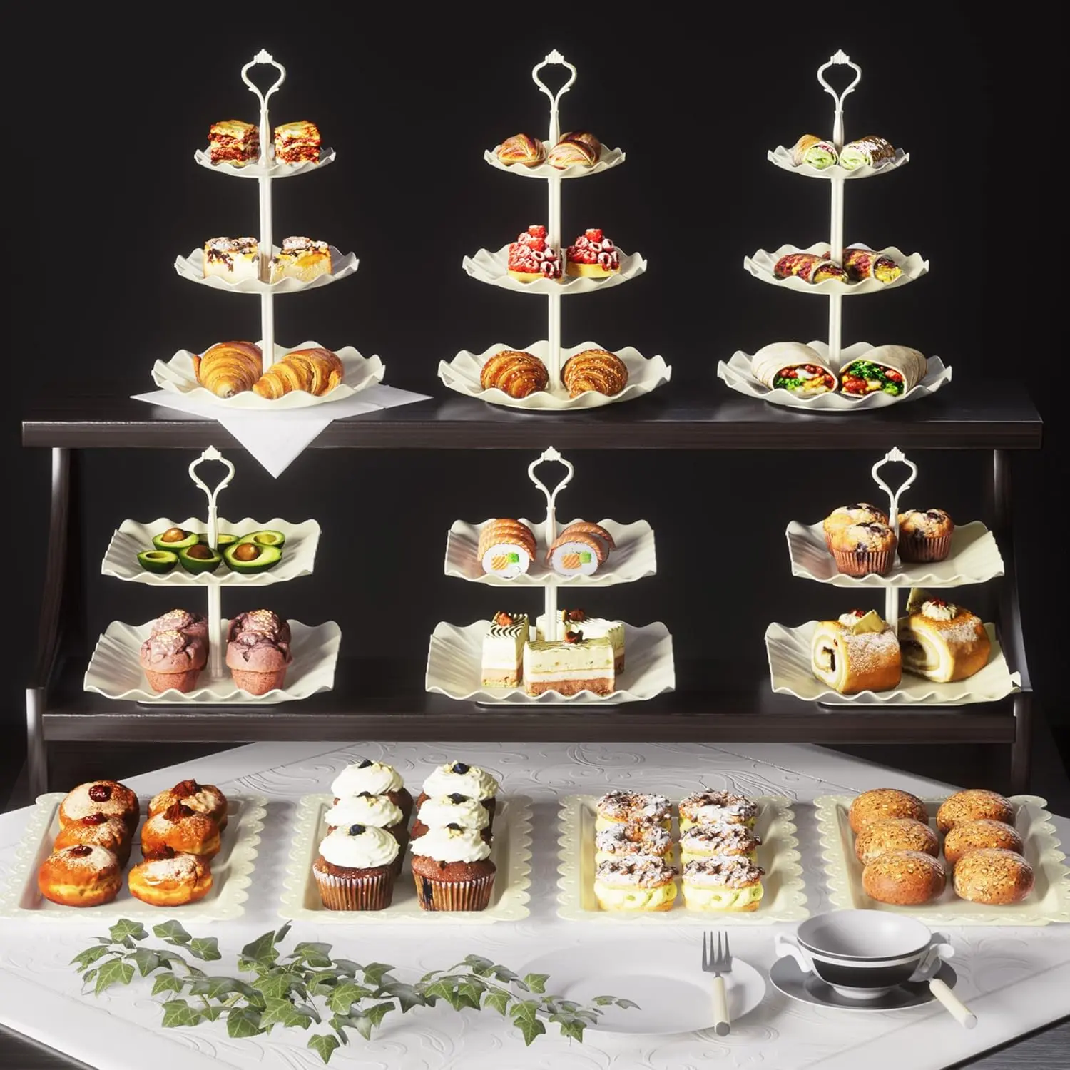 10PCS Cupcake Stand Set, 3-Tier Round & 2-Tier Square Trays, 4 Rectangle Platters, Tiered Dessert Display for Candy Cookies Cake Pops, Wedding Baby Shower Birthday Party Decorations