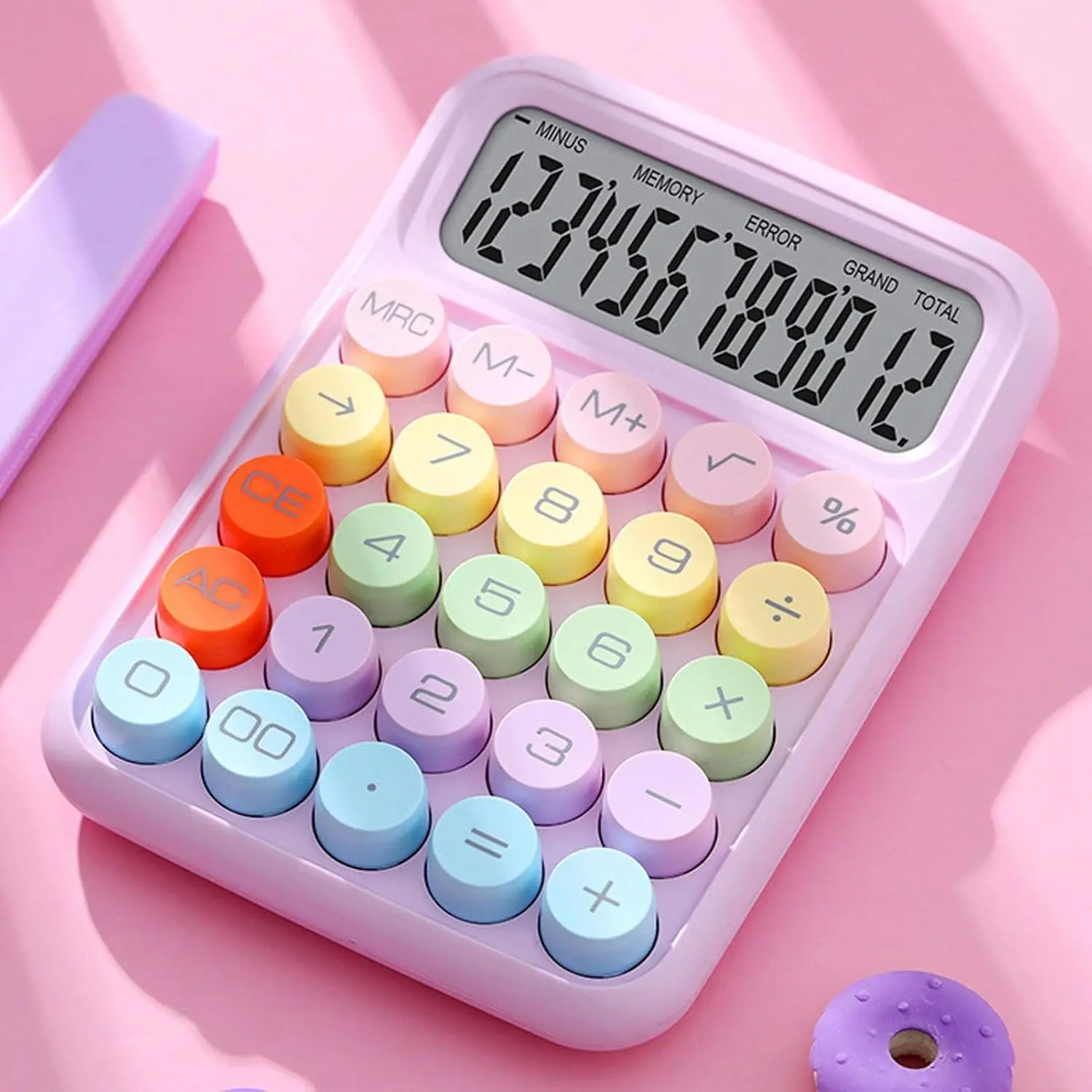Mechanical Calculator, Pink 12 Digit Large LCD Display Big Round Button Calculator, Typewriter-Inspired Mechanical Key Calculators Office, School, Business (Pink Purple)