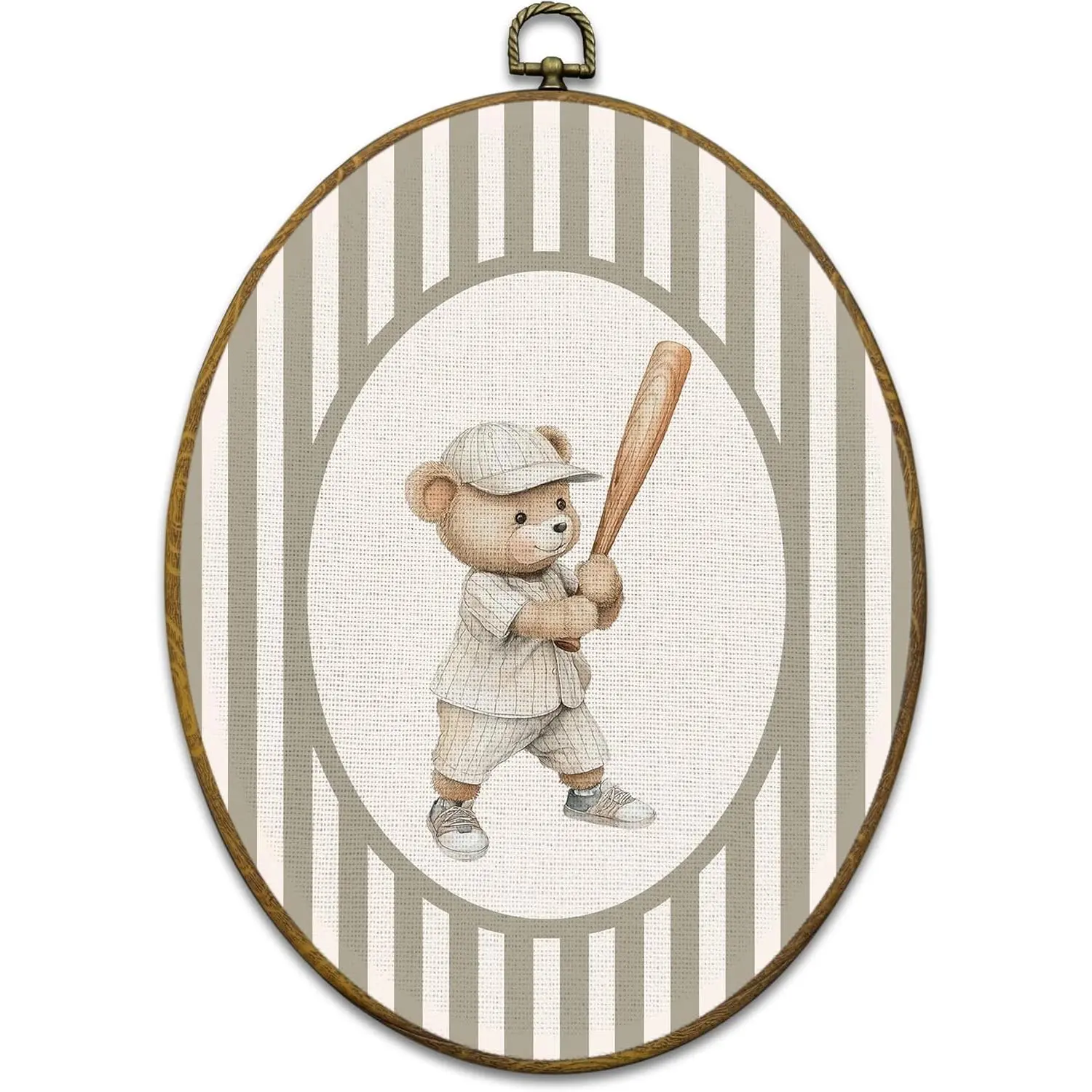 Vintage Baseball Motif Wall Arts Set - Round/Oval Shape Framed Canvas Prints (8.6x11.4in), Neutral Striped Bear Nursery Wall Decor, Gift for Kids Boys' Nursery/Bedroom