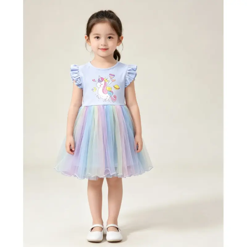 Girls' Ruffled Sleeve Unicorn Dress with Iridescent Mesh Skirt and Bow Detail, Summer Party Look, Girl’s Dress