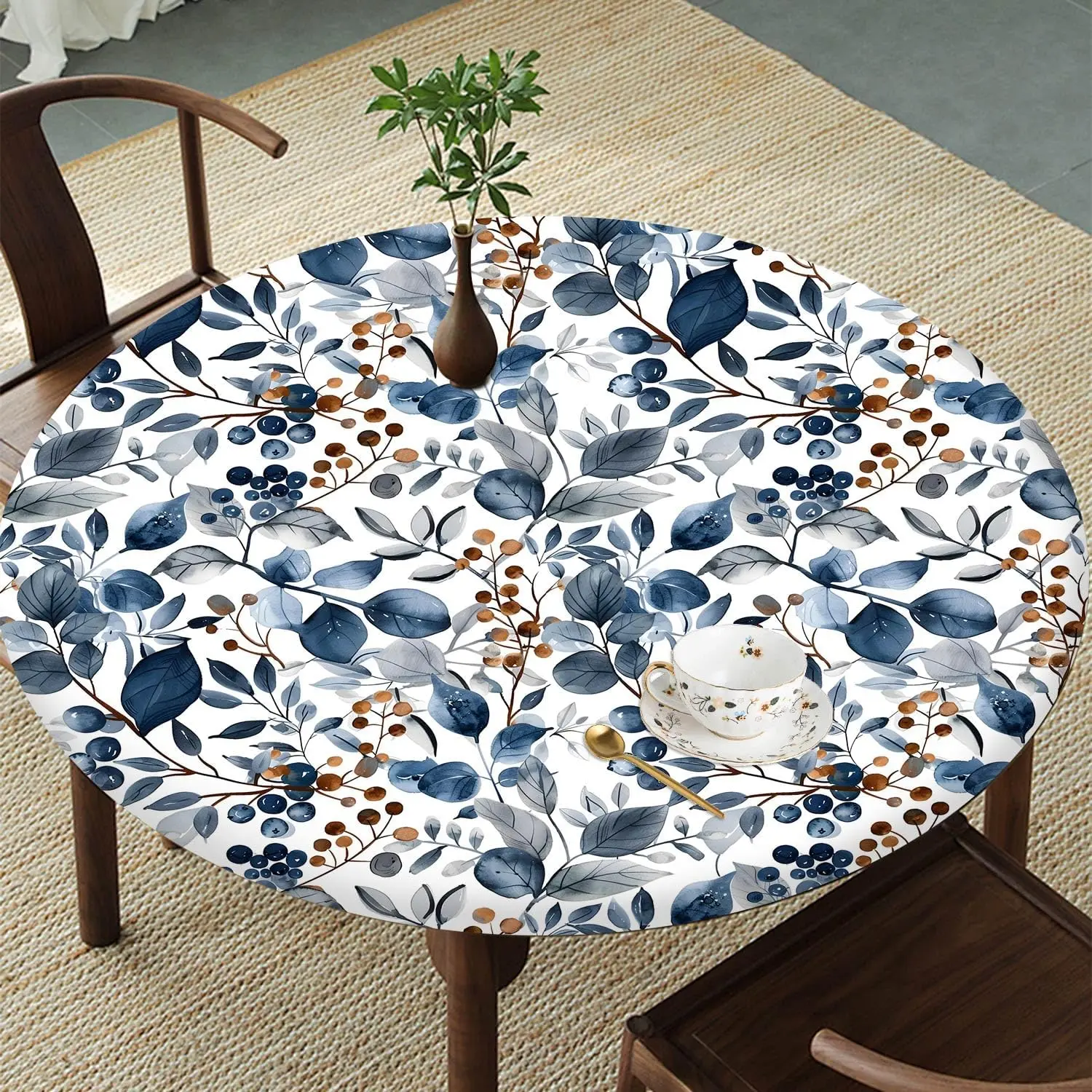 Nature-Inspired Blue Round Tablecloth - Fitted Elastic-Edge Tablecover, Waterproof Washable Polyester, for 35"-42" Indoor/Outdoor Home & Festive Party Decor Tables