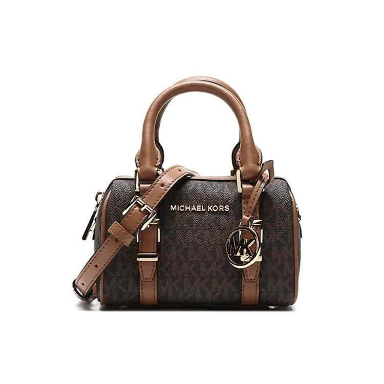 Michael Kors MK Bedford Monogram Crossbody Bag for Women, Metallic Logo Pendant, Boston Style, Acorn Brown Coated Canvas