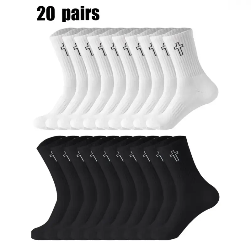 Men's Crew Socks - Black and White Cross Print, Bulk Pack, Reinforced Toe & Heel, Soft Breathable Stretchy Fabric, Street Style Casual Menswear, All-Seasons Daily Wear, Stretch Knit