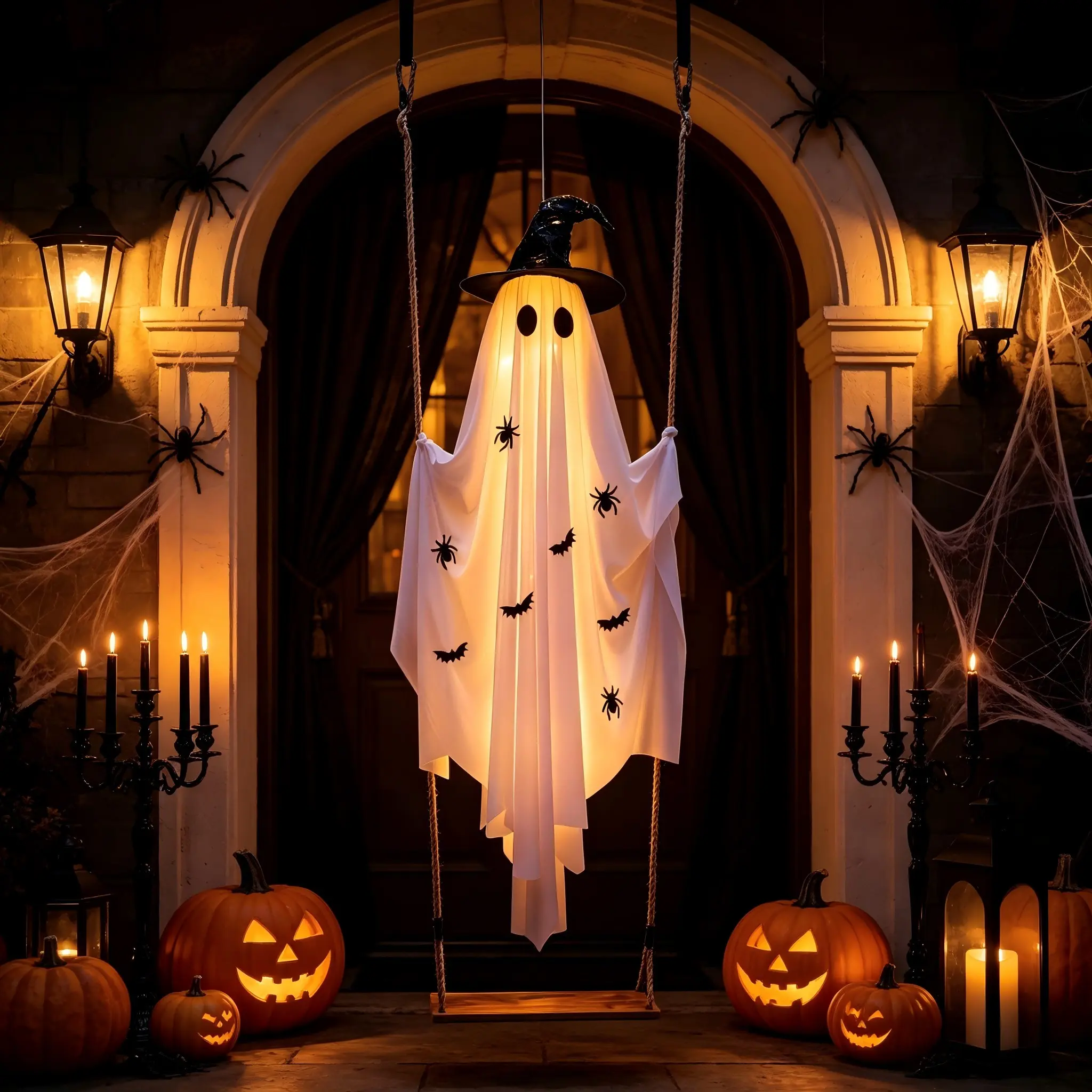 Halloween Witch Hat Ghost Swing Hanging Ornament, Glowing Porch Garden Decor, Spider Bat Print, Perfect for Halloween Atmosphere Setup