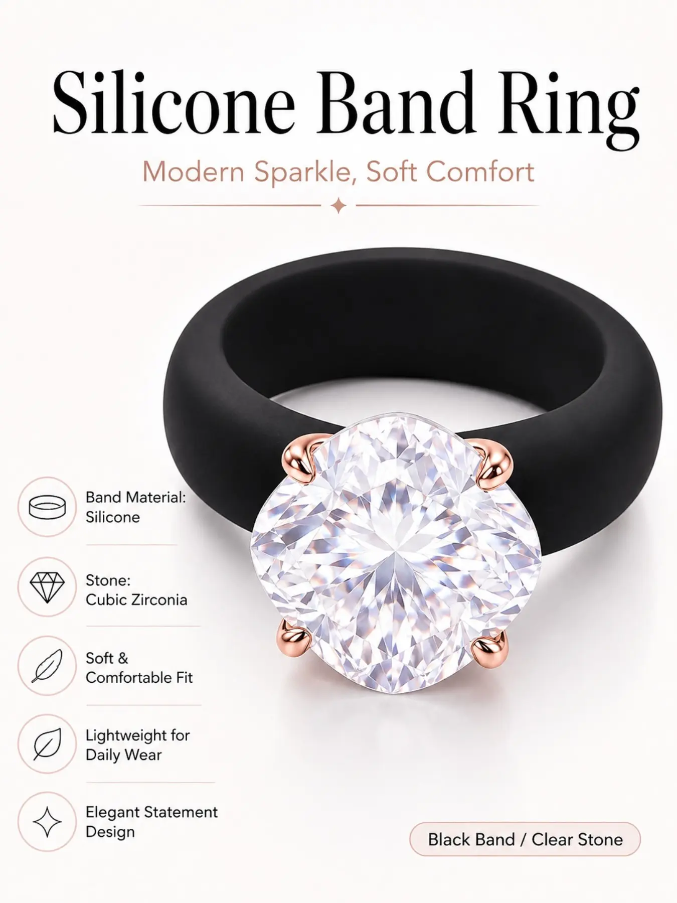 Women's Silicone Engagement Ring, Cushion Cut Cubic Zirconia Single Stone, Rose Gold Four Prong Setting, Flexible Rubber Wedding Band, 4 Colors, Elegant Fashion Rings