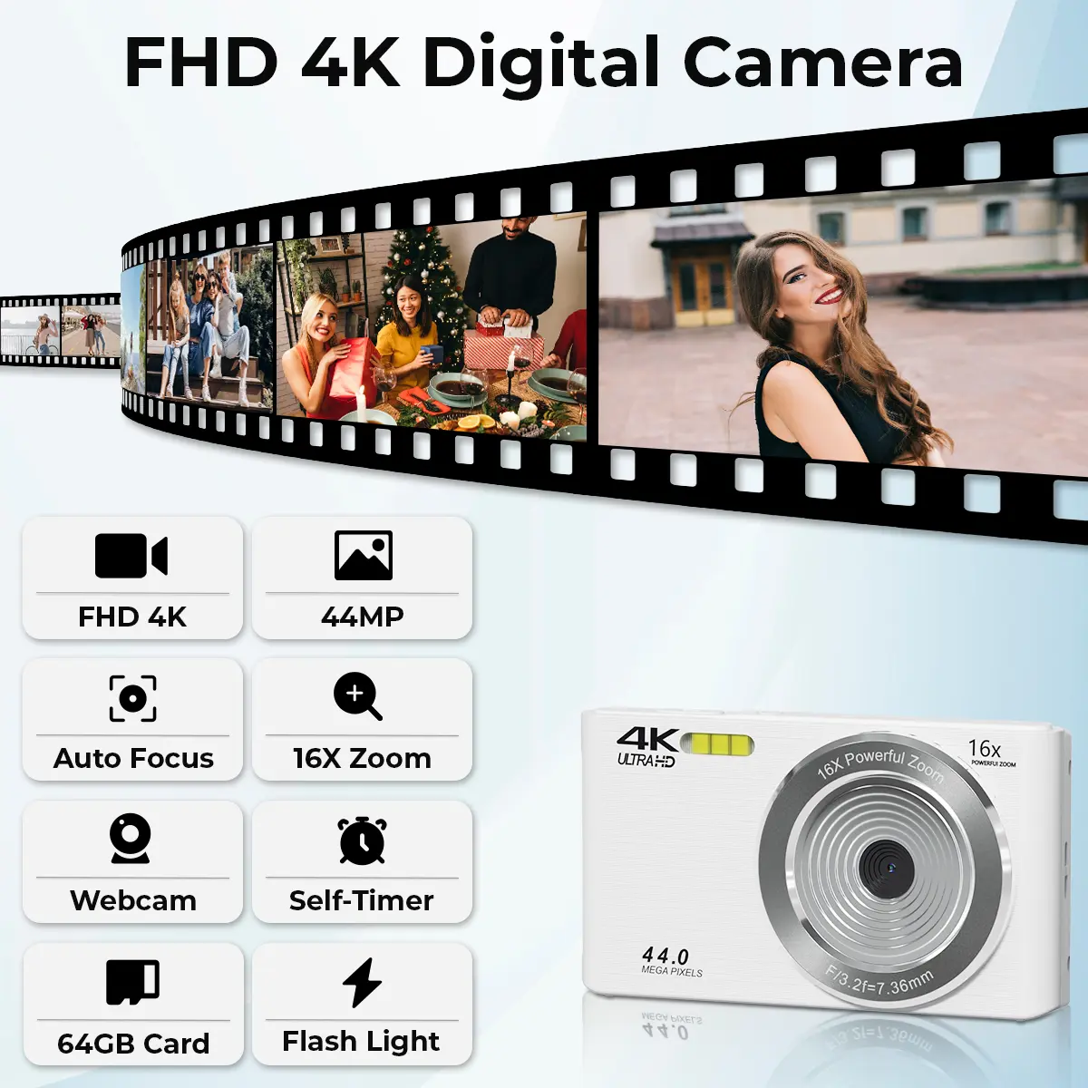 4K Digital Camera for Vlogging, Minimalist Pure White Compact Digicam with 44MP, 16X Digital Zoom & Slow Motion, PC Webcam, Gift Starter Kit (64GB Card & 2 Batteries)