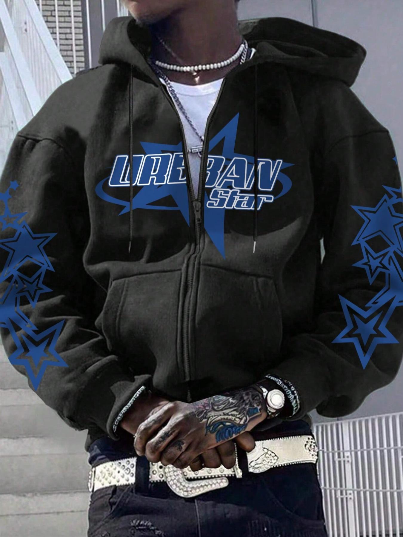 Men's Star Print Drop Shoulder Hoodie, Fashion Casual Regular Fit Drawstring Pocket Hooded Sweatshirt for Daily Holiday Outdoor Wear, Men Clothes for Fall & Winter, Streetwear Hoodie, Drawstring Pocket Hoodies