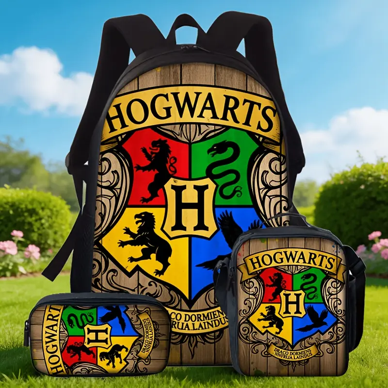 Durable Water Resistant 3-Piece Backpack Set for Harry Potter Fans, Lightweight School Bag with Lunch Box, Vintage Wood Grain Hogwarts Four-House Crest Print, Includes Large Rucksack, Thermal Lunch Tote & Stationery Pouch