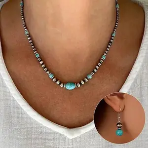 Boho Western Jewelry Set with Turquoise and Pearls, Women's Matching Necklace and Earrings for Country Concerts, No