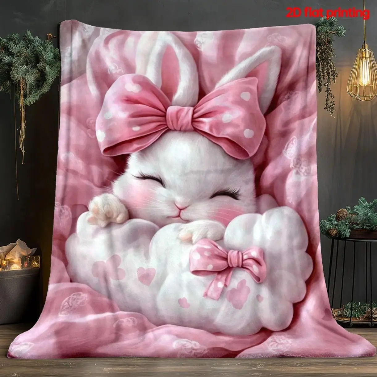 Cute White Bunny Pink Bow Flannel Throw Blanket, Ultra Soft Cozy Rabbit Fleece for Sofa Bed Bedroom Travel, Matches cooling blankets pillows couch cover for sofa bedding set comforter set, Kawaii Home Decor All Season Gift For Girls Kids Bunny Lovers