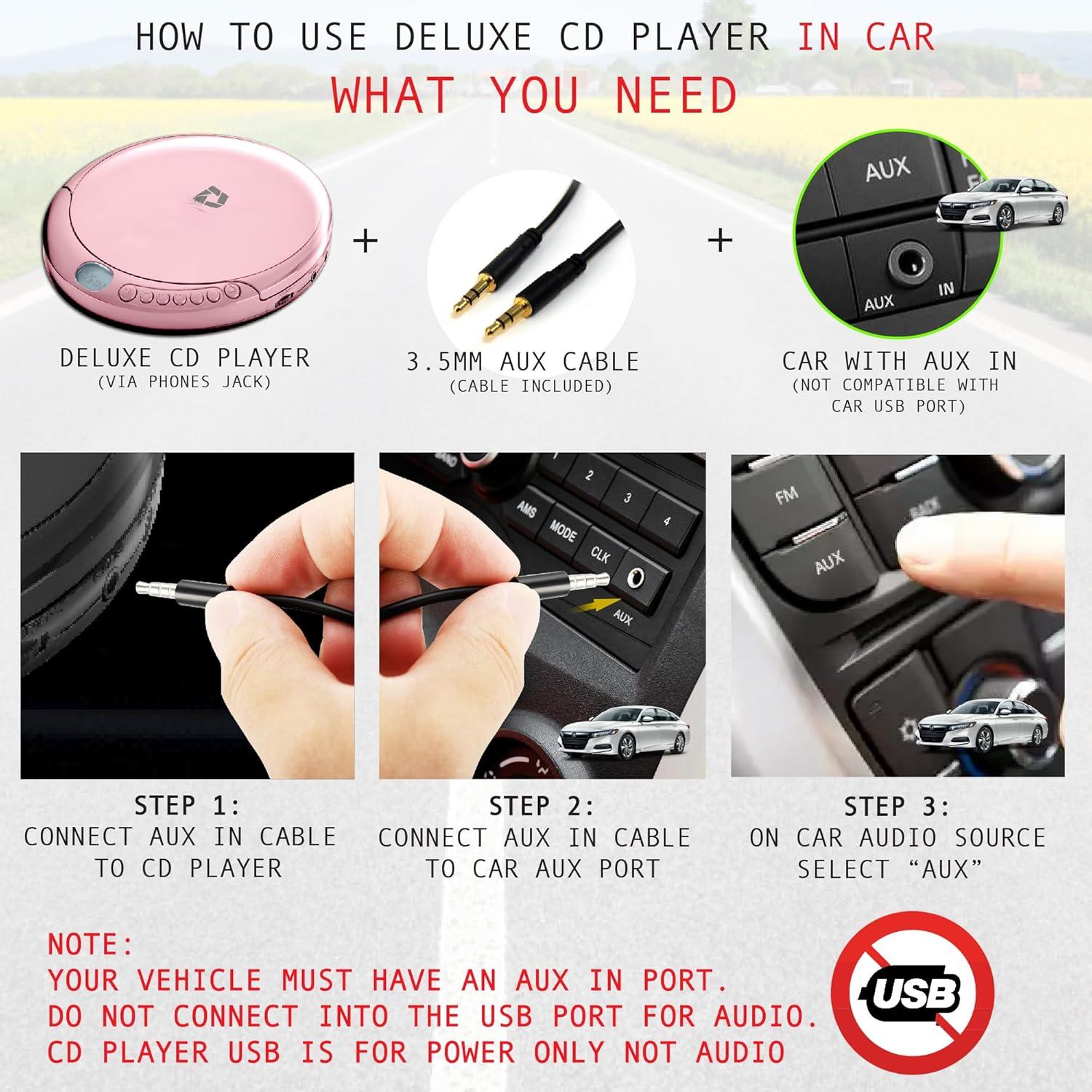 CD Player Portable with 60 Second Anti Skip, Stereo Earbuds, Includes Aux in Cable and AC USB Power Cable for use at Home or in Car.Pink