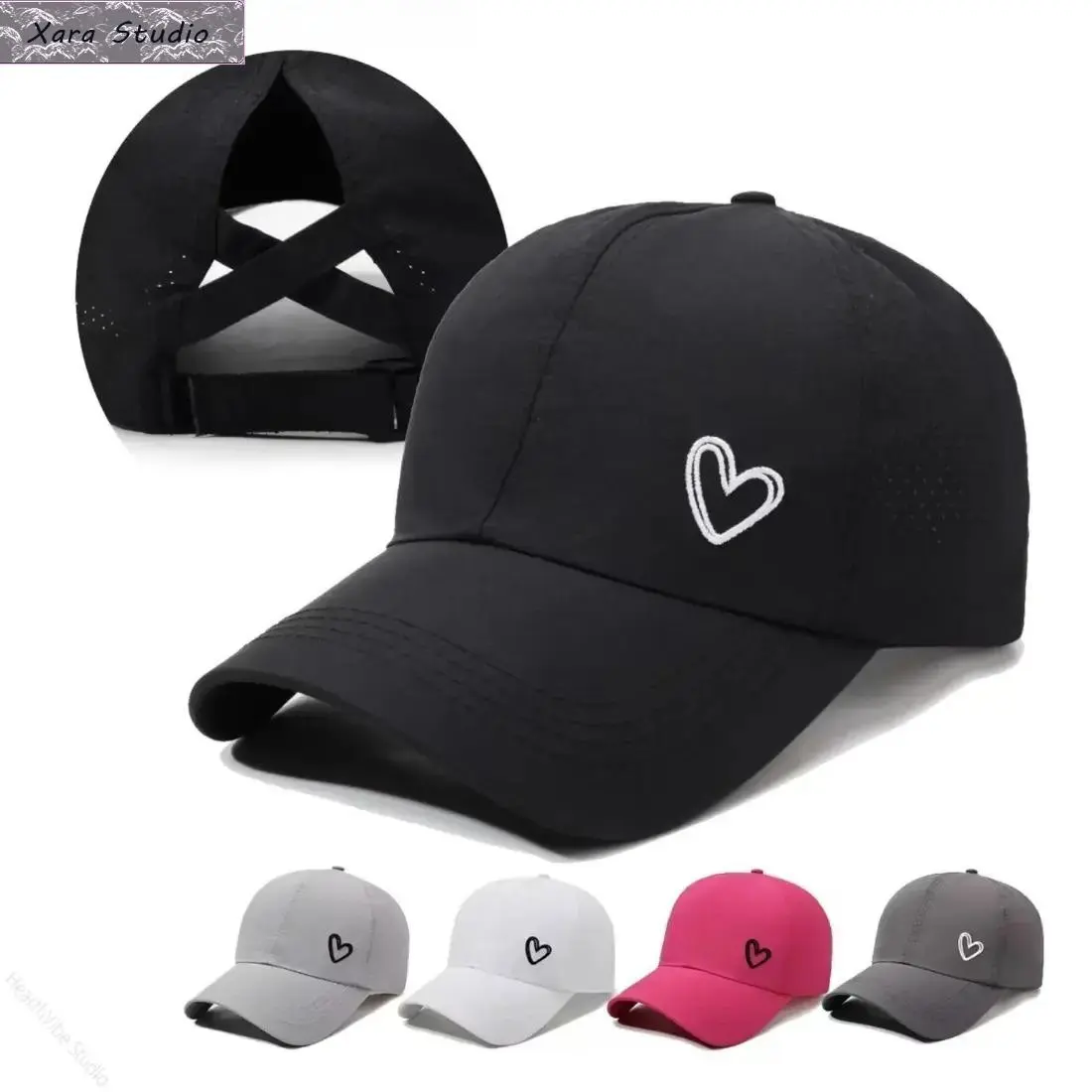 Women's Polyester Heart-Embroidered Ponytail Trucker Hat - Adjustable Snapback, Breathable Mesh, Messy Bun Design, 1 Size, Spot Clean, Outdoor Summer Sports & Casual Outfits Accessory, Breathable Mesh Caps, Embroidered Cap, One Size