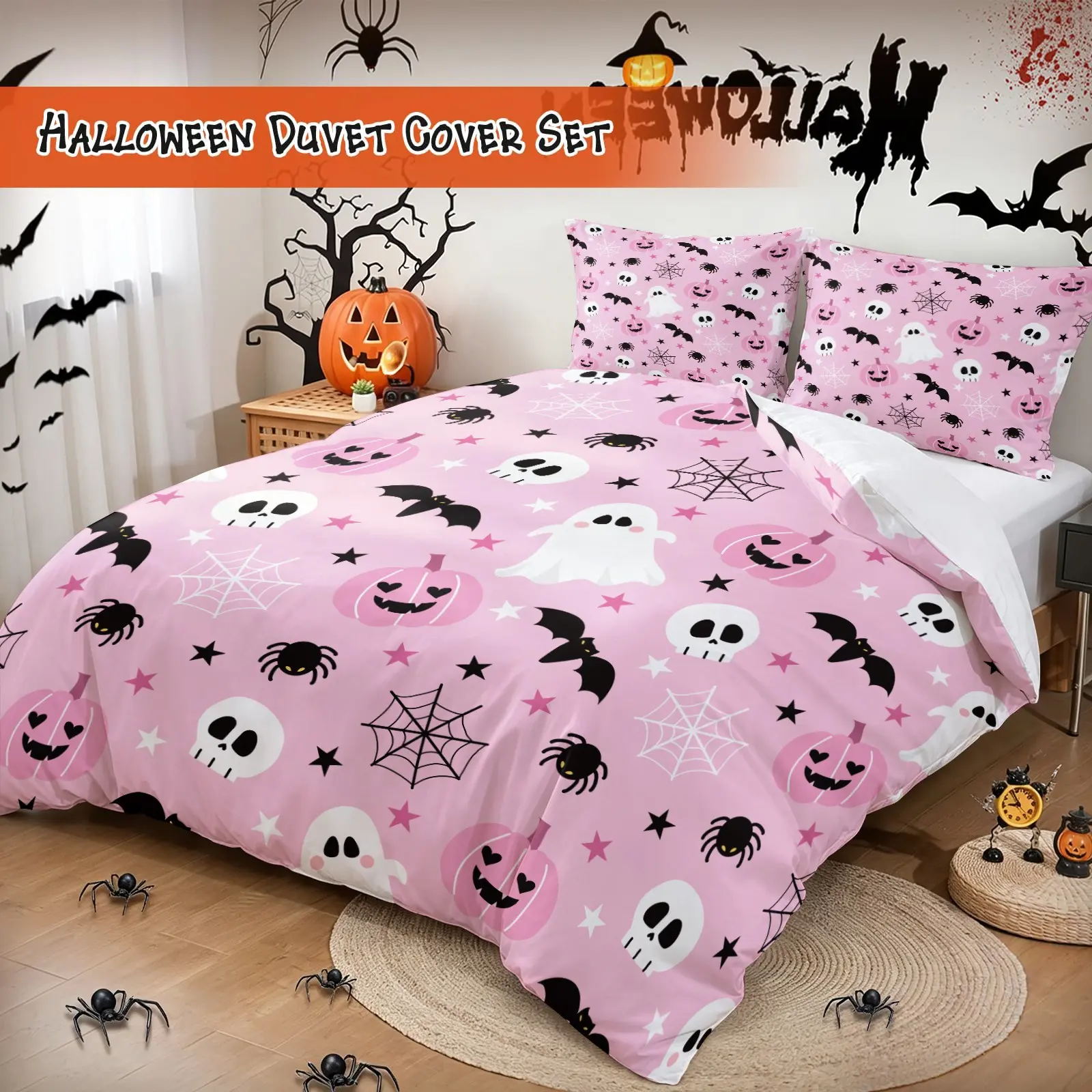 Aesthetic Girly‑style Pink Halloween Ghost Duvet Cover Set, Include 1 No‑filling Duvet Cover and 1 or 2 Pillowcases, Adorable Cartoon Print, Silky‑soft Fabric, Great for Bedroom Decor and Holiday Present‑giving