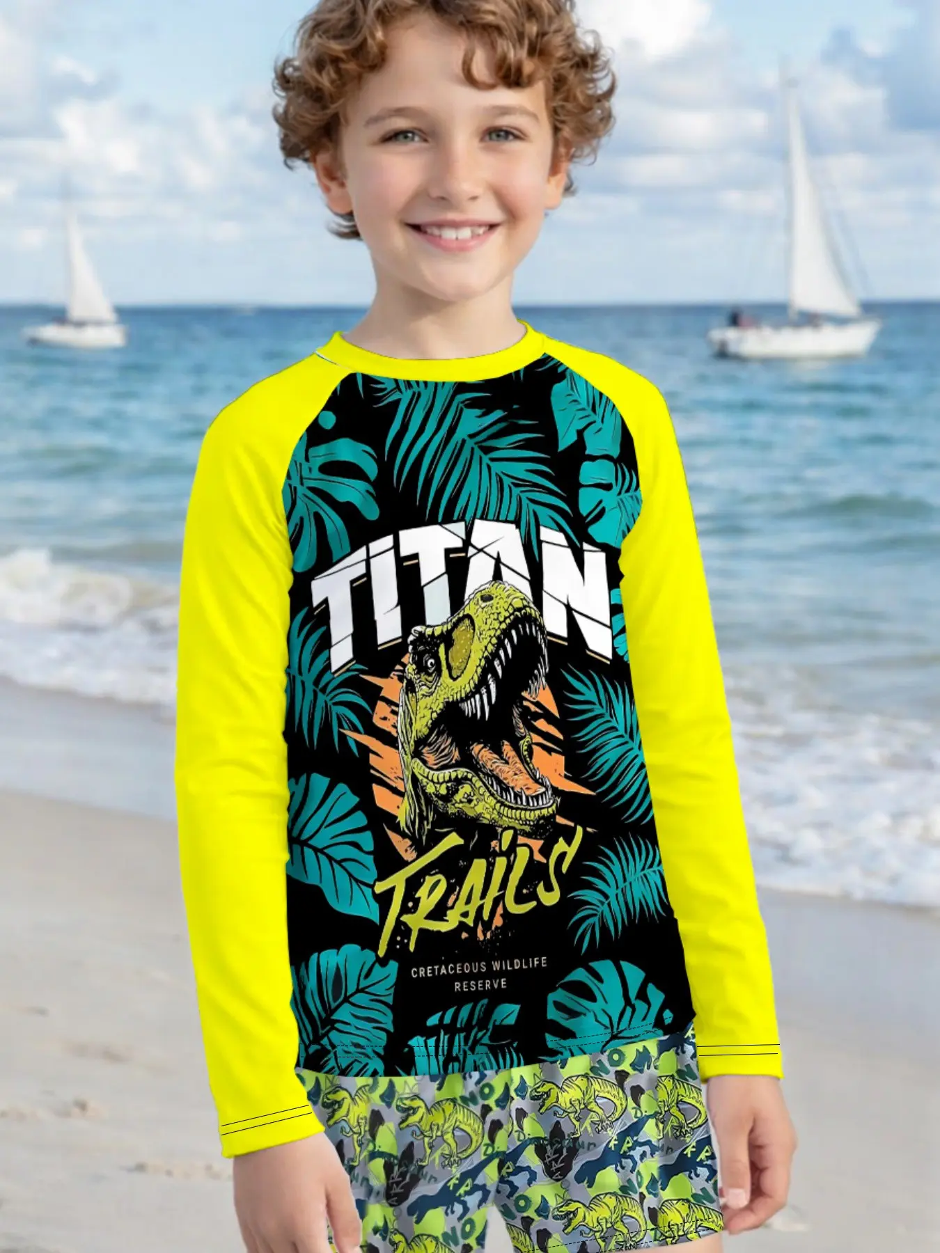 Bright Shoulder Titan Dinosaur Palm Leaf Print Boys' Round Neck Long Sleeve Swimsuit Set, Dinosaur Printed Swimsuit, Quick-Dry Beach Swimwear for Pool, Island, Water Park