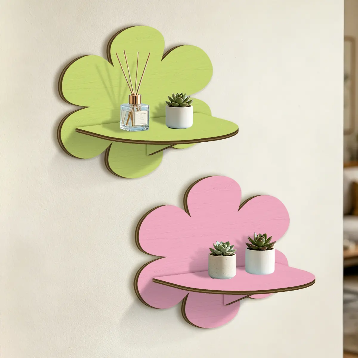 2 Pieces Flower Design Wooden Wall Mounted Shelves, Crystal & Ornament Storage Display Organizer, Decor for Living Room, Bedroom, Flower Shop, Cafe & Homestay, Perfect Gift Choice