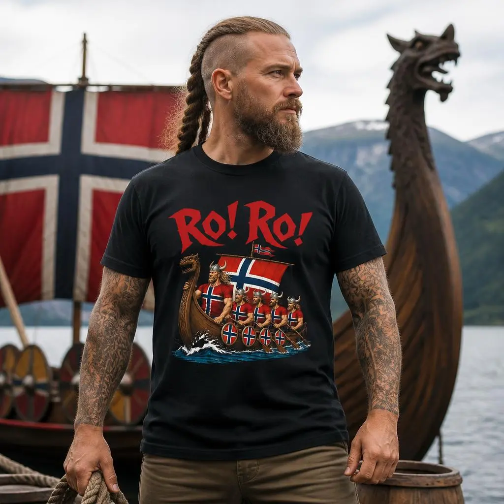 Men's Retro Graphic Print T-Shirt, Pure Cotton Streetwear Top with Norway Ship Design, Casual Loose Fit Tee for New Year, S/M/L