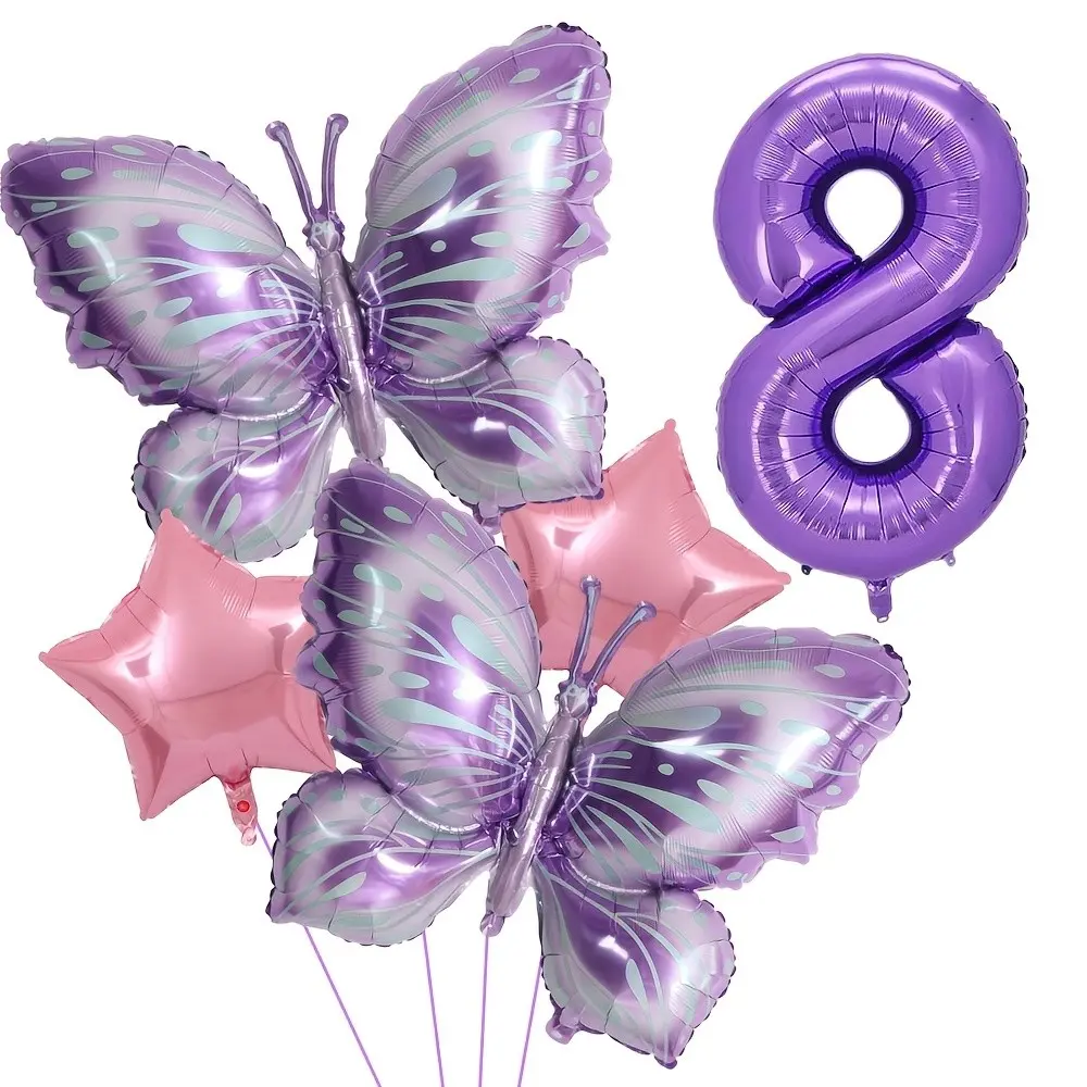 5 Piece Butterfly Number Balloons Set, Gradient Balloons with Stars, Perfect for Birthday Parties, Party Decorations, Anniversary Celebrations