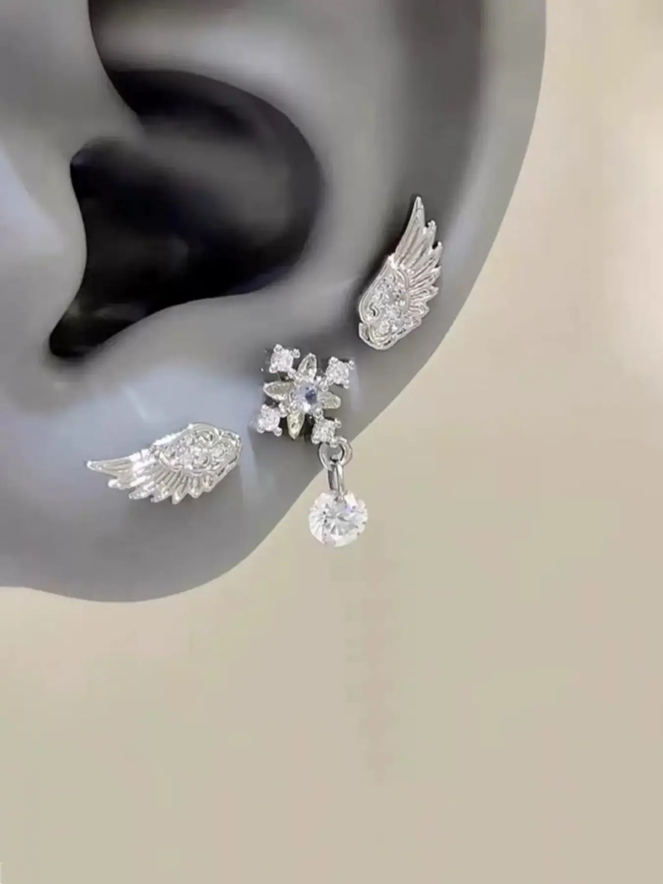 3 Pcs Fashion Wing Decorative Tragus Stud Earrings for Women, Casual Geometric Style, All Seasons, Choking Hazard Warning