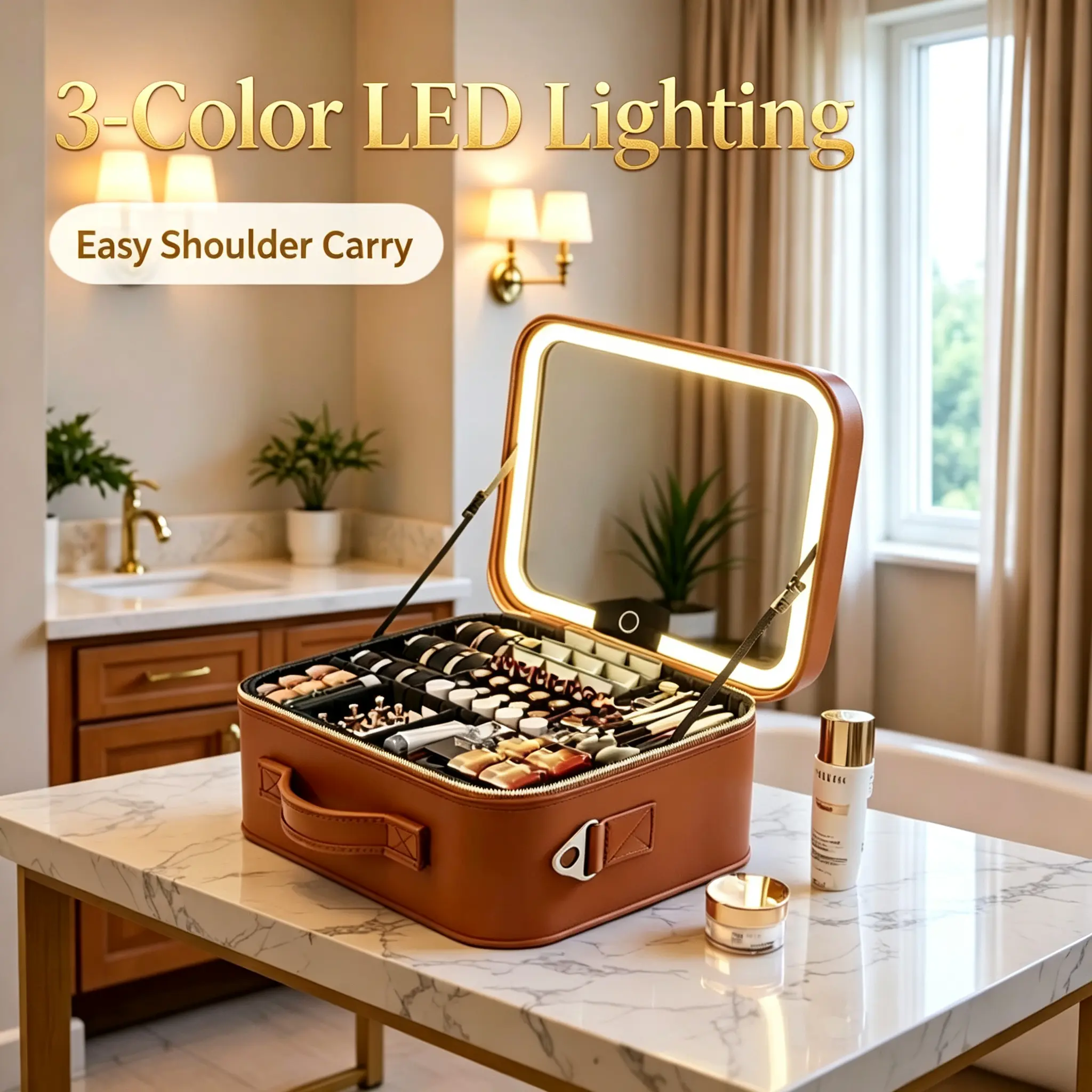Premium PU Leather Makeup Bag with LED Light Strip Mirror, Built-in Organizer, Charging Cable, Portable Detachable Storage Case (Black, Size M, Brown Large Size)