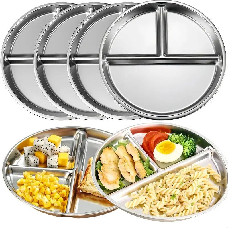 Stainless Steel Plates 6 Pack , 9 Inch Non Toxic Unbreakable Divided Plates| Metal Camping Plates,Portion Control Plates for Balance Lunch, Bariatric & Diabetic Diet,Dishwasher Safekb