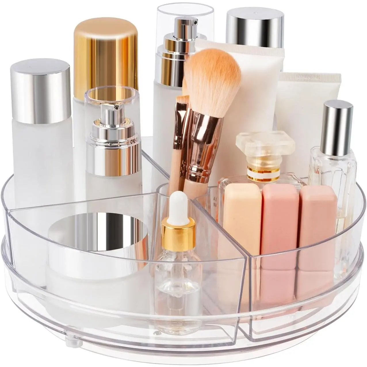 360° Rotating Makeup Organizer, 9" Clear Turntable Lazy Susan Organizer for , Bathroom Counter, Cabinet, Spinning  Storage Holder with 4 Removable Dividers for Skincare, Makeup Brushes