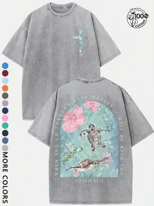 Unisex Christian, Tropical Clothing "I Am With You When You Pass Through the Deep Waters" — Isaiah Scripture Verse Slogan, Garment-Washed 100% Cotton Short-Sleeve T-Shirt, Perfect for streetwear, and believers. 'Jesus Saves' theme