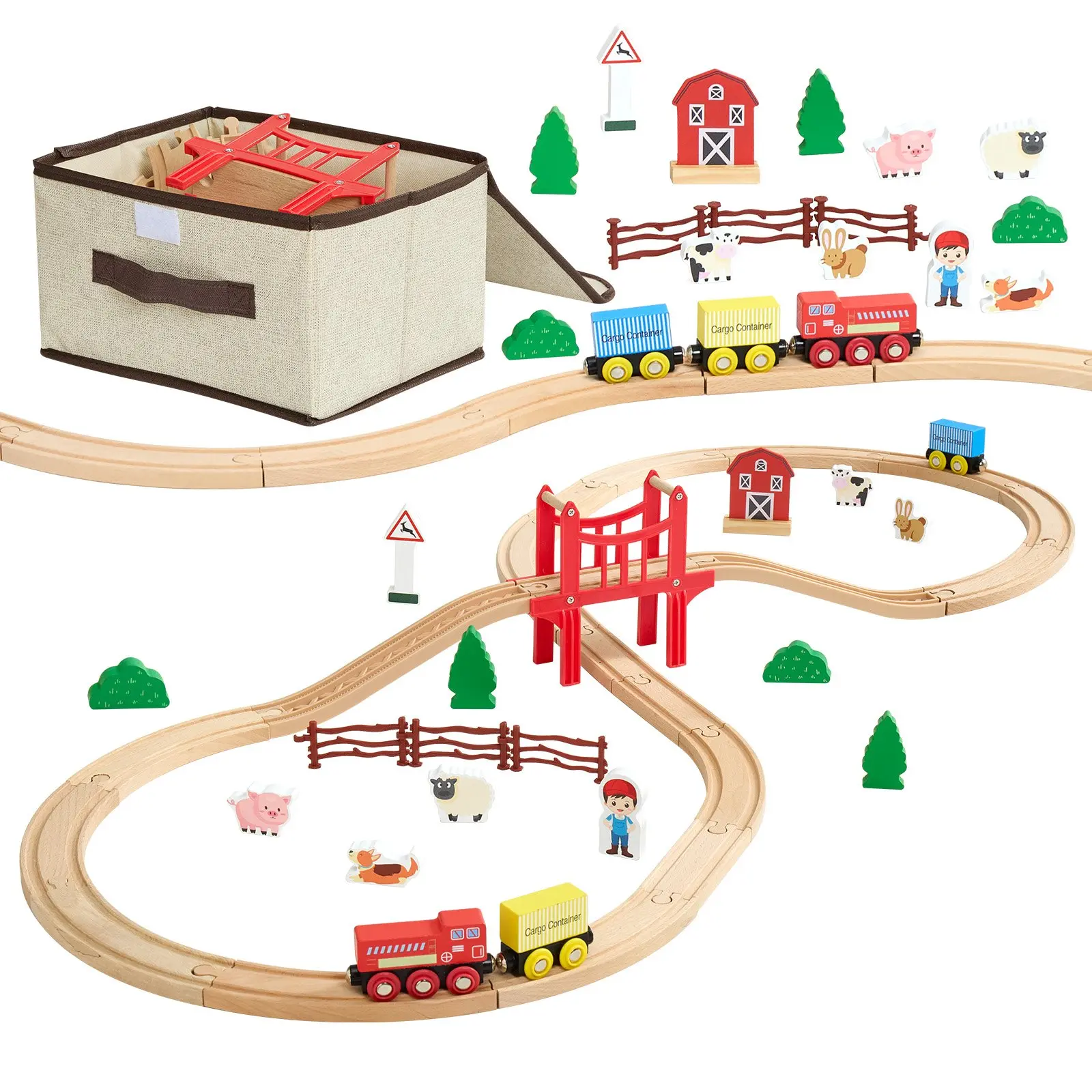 VEVOR Wooden Train Set, 39PCS, Wood Train Track with Magnetic Trains and Railway Accessories, Compatible with Major Brands, Small Town, Christmas Birthday Toy for Kids Toddlers Ages 3-8 Boys and Girl