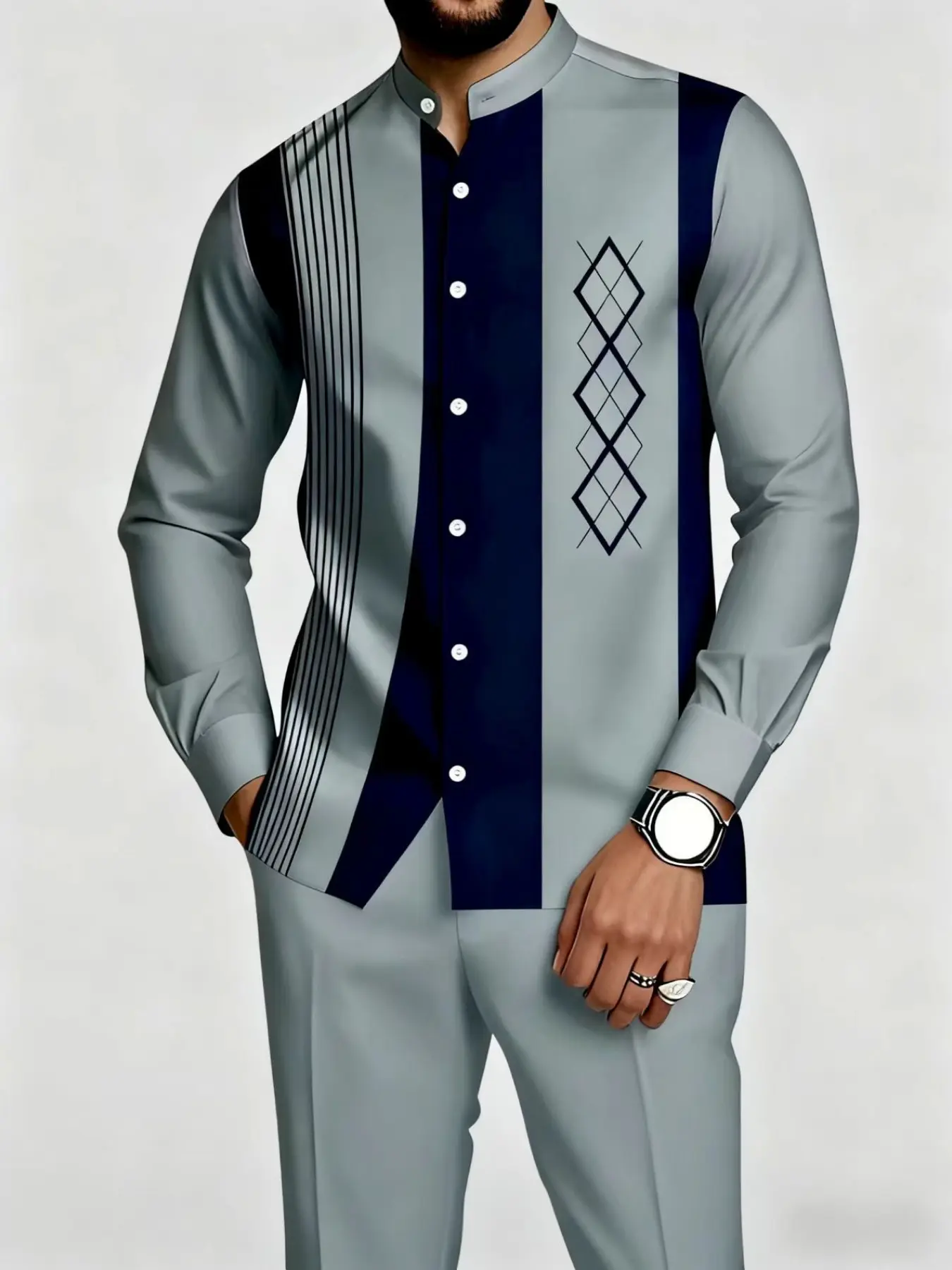 Men's Fashion Two-Piece Casual Set, Style Set: Long Sleeve Shirt and Pants in Multicolor Stand-Up Collar, Suitable for Parties and Weddings, Available in Various Colors, Perfect for Spring, Summer