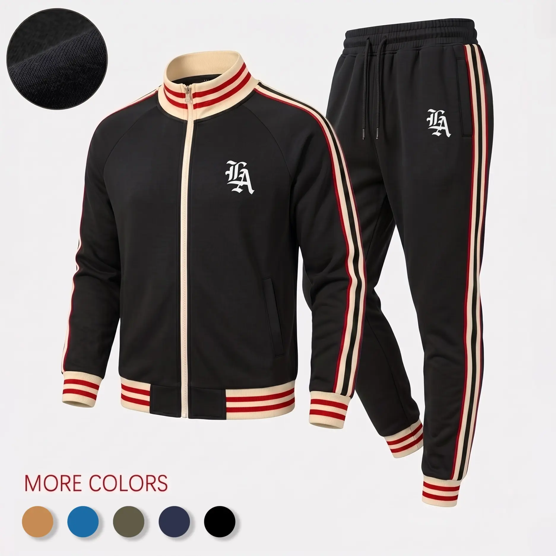 Men’s Letter Graphic Tracksuit Set, Retro Stripe Zip Stand Collar Jacket and Drawstring Jogger Pants, Casual Athletic Two-Piece Streetwear Outfit for Travel, Workout and Daily Wear