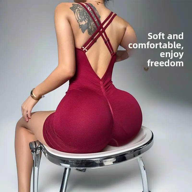Crossed Shoulder Straps Sports Yoga One-Piece Shorts Sleeveless Threaded Tight Fitness One-Piece Yoga Suit