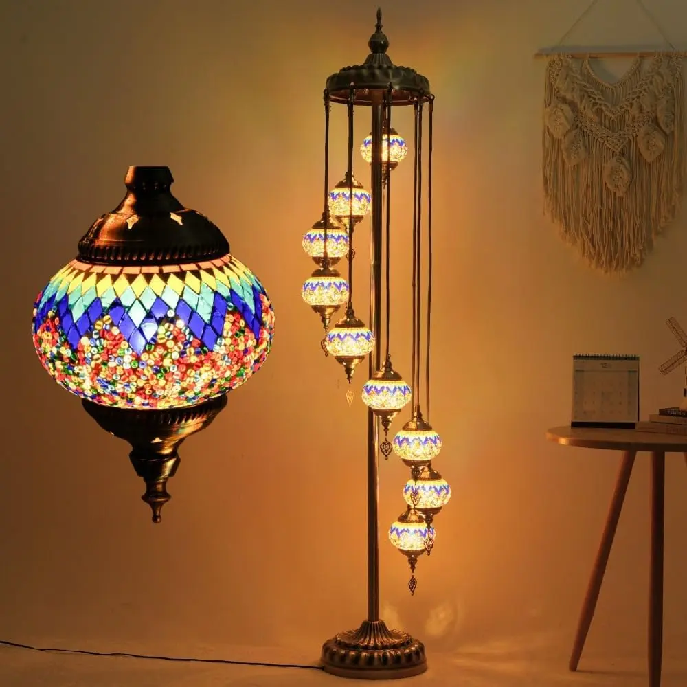 Turkish Mosaic Floor Lamp - 74in Tall Floor Standing Indoor Light, Handcrafted 9-Globe Moroccan Design, 5.2in Glass Spheres, Easy No-Tool Assembly, Traditional Artistry, Ambient Glow, Includes E12 Bulb Set