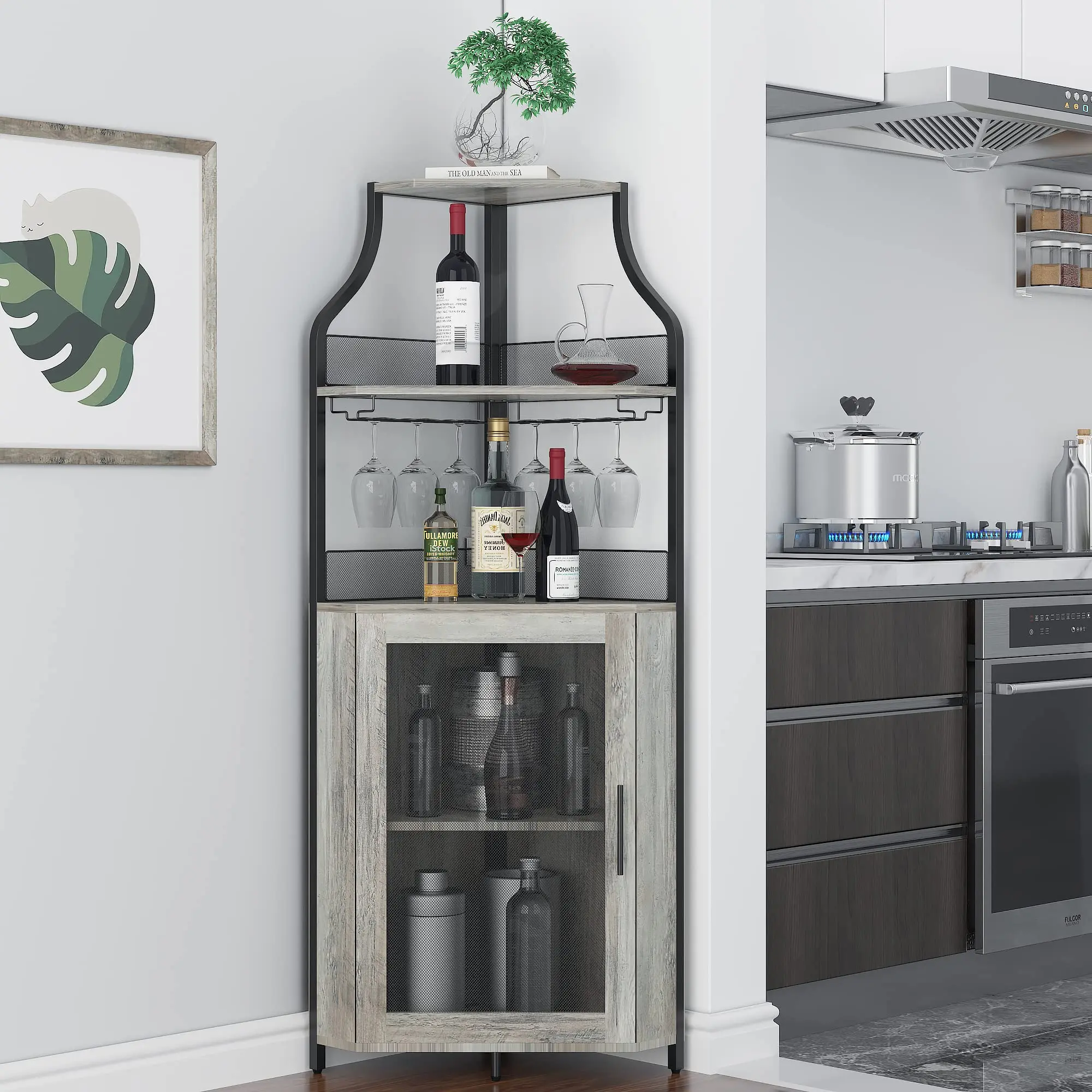 GARVEEIndustrial Corner Wine Cabinet, Removable Rack & Glass Holder