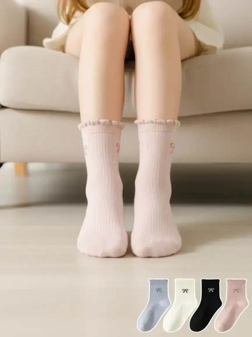 Girls' Bow Pattern Crew Socks, Random Color Variety Pack, Perfect Fit for Daily Wear & All Seasons, Stylish Design for Girls, Sock Set, Elastic Socks, Fitted Casual Socks