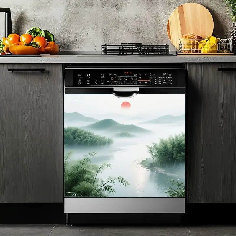 2D Flat 2Pcs Dishwasher Magnetic Cover Sticker Misty Mountain Landscape Asian Style Ink Painting Bamboo Forest Sunrise Scene Waterproof Self-adhesive Appliance Wrap for Kitchen Home Decoration Removable