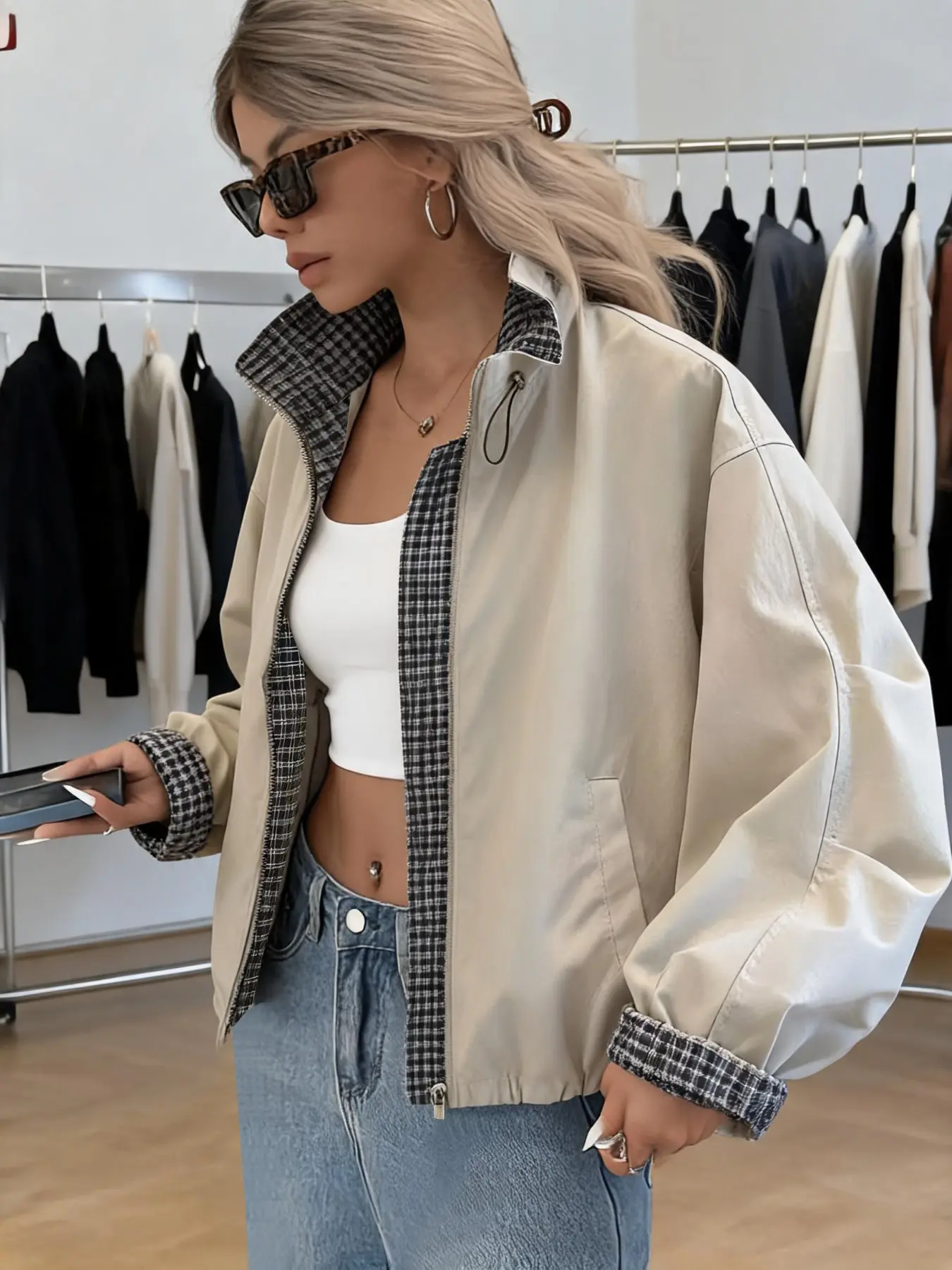 Women's Autumn Korean Style Plaid Inner Short Jacket, Stand Collar Drawstring Loose Fit, Casual Windbreaker Coat Outerwear for Petite Size