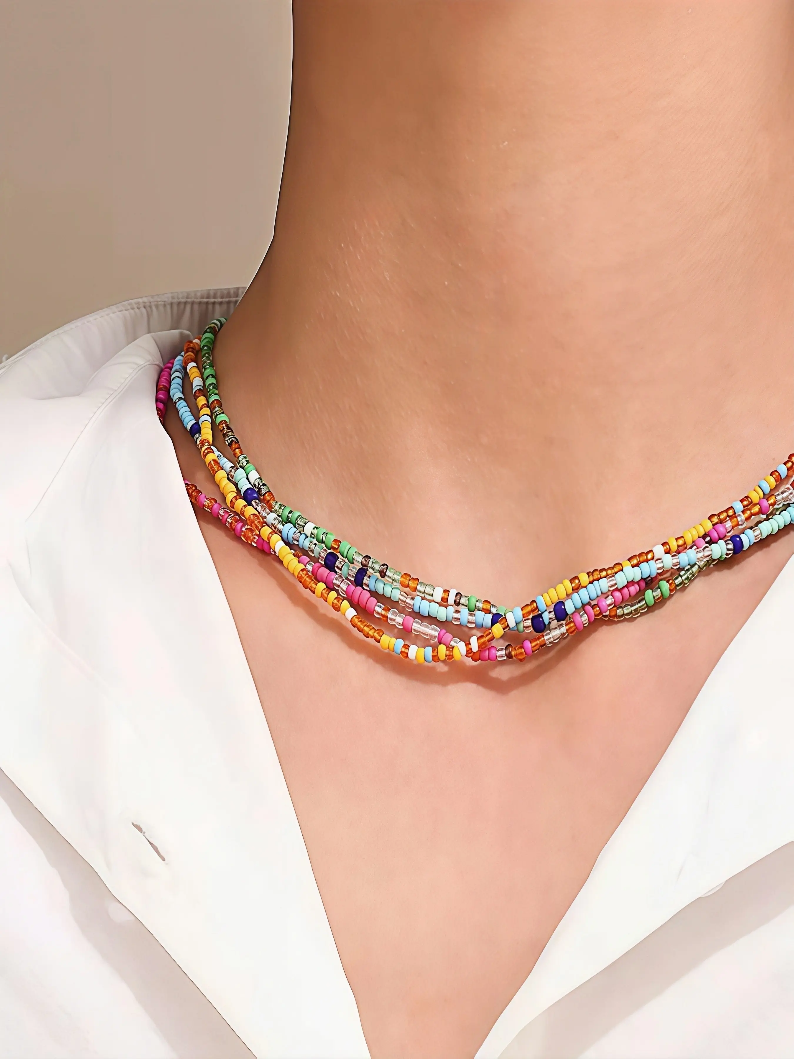 Multilayer Colorful Beaded Necklace, Bohemian Rainbow Multilayer Bead Chain, Adjustable Neck Jewelry for Women, Vacation Style Accessory, Beachy Jewelry