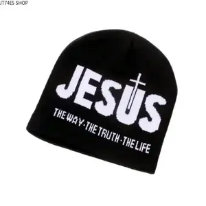 Y2K Women Letter Jacquard Knit Beanie, Soft Cotton Stretch Warm Winter Hat with Cross Jesus Letter & Heart Pattern, Thermal Streetwear Cap for Outdoor Sports & Cold Daily Wear